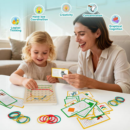 Skrtuan Wooden Geoboard with Pattern Cards & Rubber Bands, Montessori STEM Educational Toy for Kids 3-5 5-8 Years Old, Brain Teaser Puzzle Game for Geometry Learning and Creative Shapes