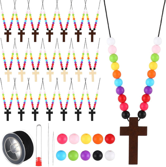 Ecation 48 Sets DIY Religious Crafts Wood Cross on Cord Wood Cross Pendant Necklace Bracelet with Colorful Assorted Beads Wooden Crosses Crafts