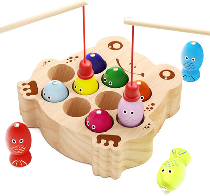Wooden Magnetic Fishing Game for Toddlers 1-3, Montessori Sensory Busy Board Fine Motor Skills Toys for 1 2 3 Years Old Boys Girls (Frog B-Fish Game)