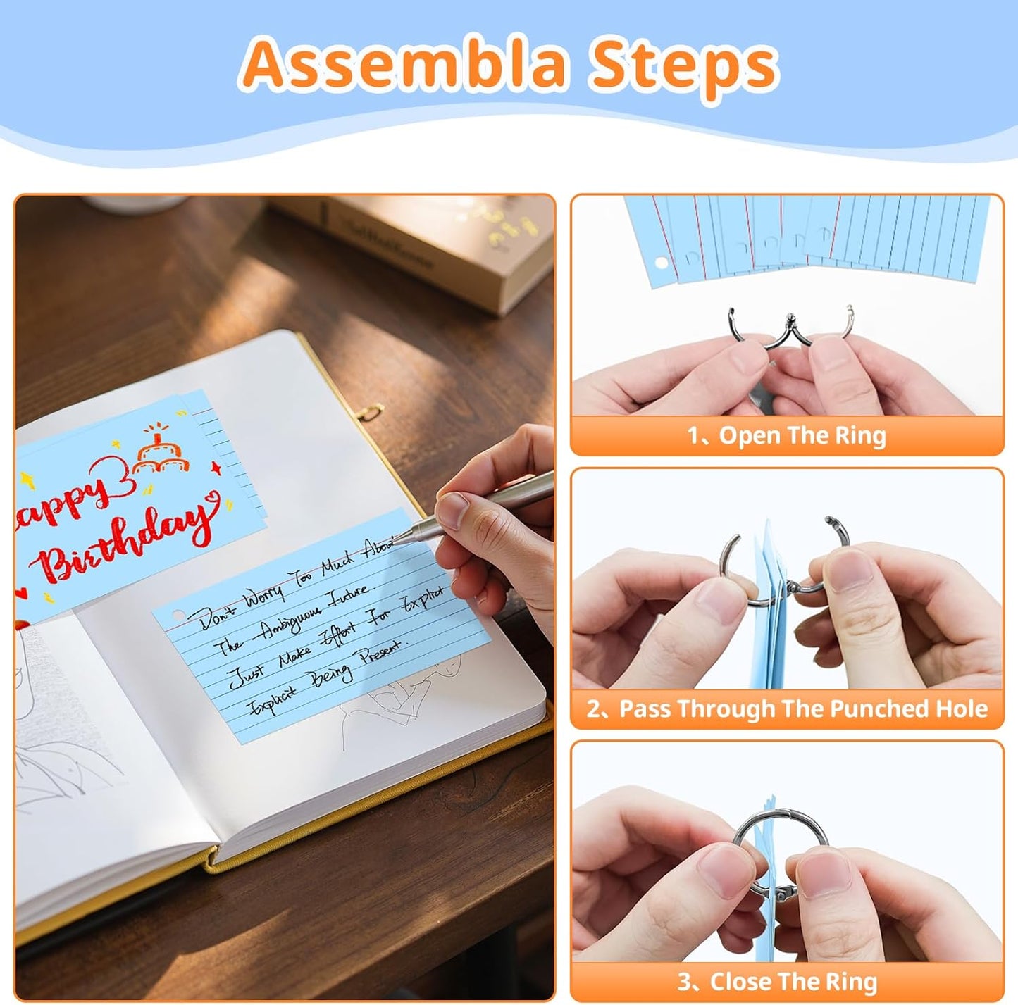 Index Cards 3x5 Inches, 300 PCS, Colored Flash Cards With Ring, Punched Lined Study Card Ruled Flashcards Notecards, Ruled Front And Blank Back, Note Card for School, College And Home