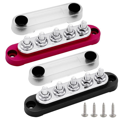 2 x #10 (M5) Studs Power Distribution Block with 5 x #8 (M4) Screws, Ampper 4.2" Bus Bar 12V Power Distribution Terminal Block Battery Busbar for Car Audio Solar (Red & Black)
