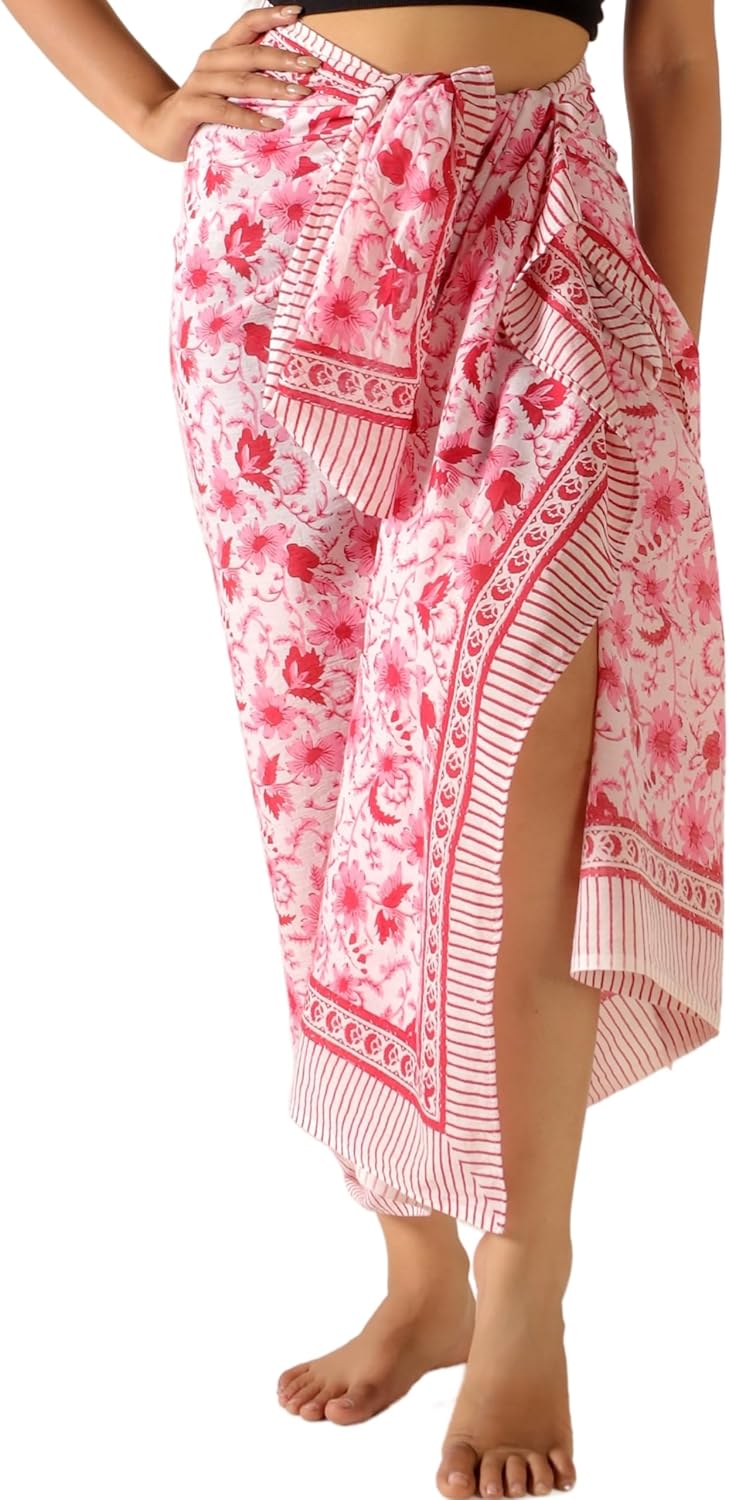 100% Cotton Sarong Cover Up for Women Indian Block Print Beach Wrap Skirt Long Boho Swimsuit Bikini Pareo (73” x 43”)