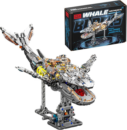 1085-PCS Mechanical Piranhas Fish Building Set with LED Light, Movable Linkage Gears, Display Stand,Mechanical Fish