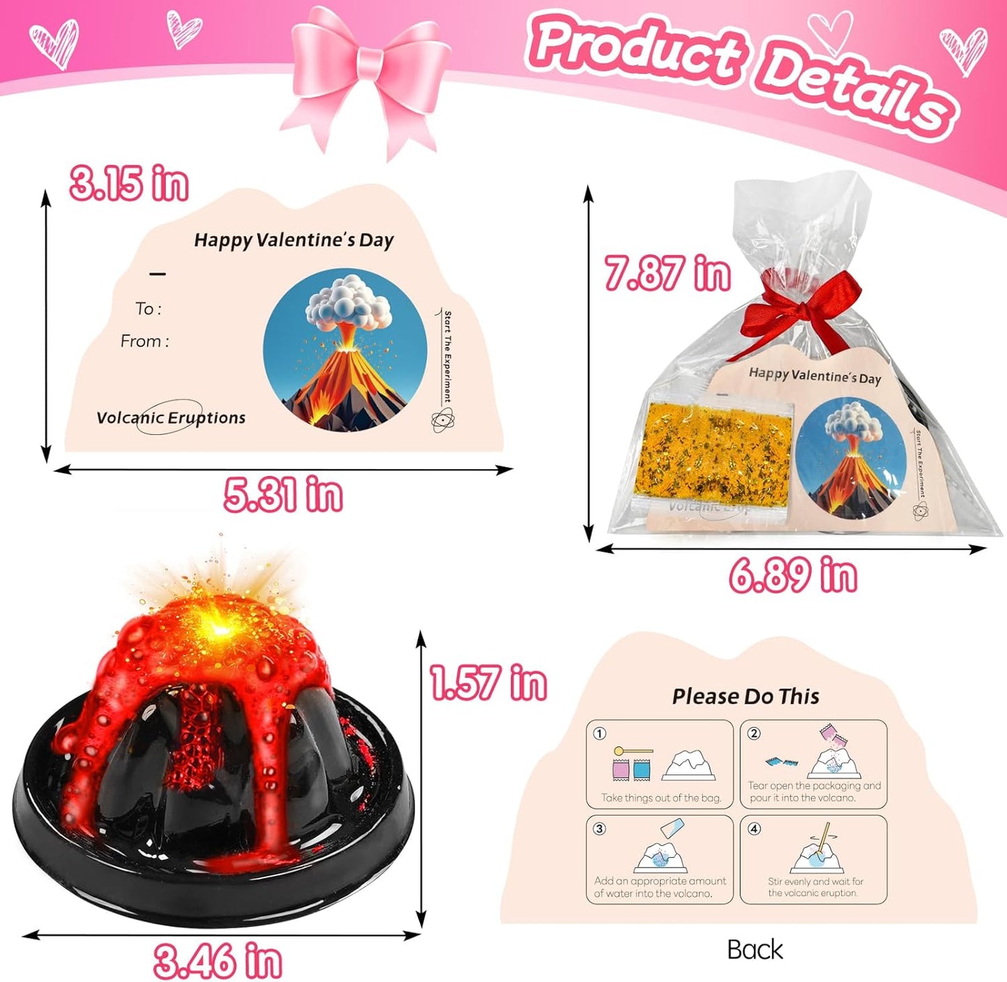 28 Pack Valentine's Day Gift Erupting Volcano Kit with Greeting Cards Volcano Science Experiment Party Favor STEM Educational Toys School Gifts Exchange Classroom Prizes for Boys Girls