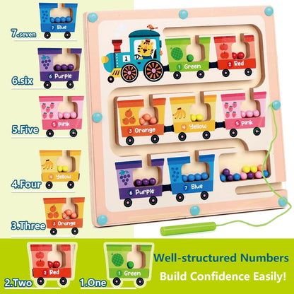 QimuMku Montessori Busy Board for Toddlers 2-4 - Magnetic Color and Number Maze Wooden Ice Cream Matching Game 1-6 Counting Learning Toys for Boys Girls Road Trip Essentials