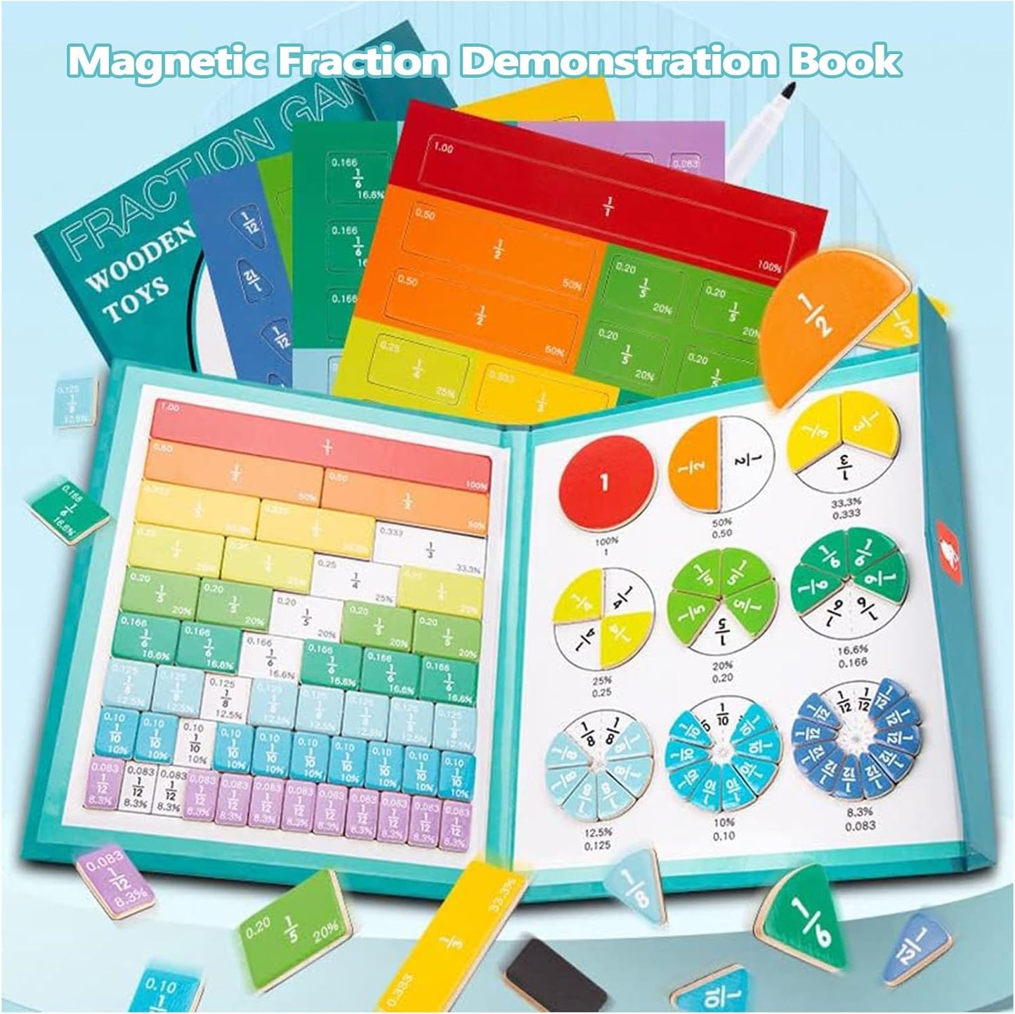 Magnetic Fraction Demonstration Book, Magnetic Fraction Tiles, Magnetic Math Fraction Disc Set, Educational Puzzle Fraction Manipulatives, Teaching Aid for Classroom (A)