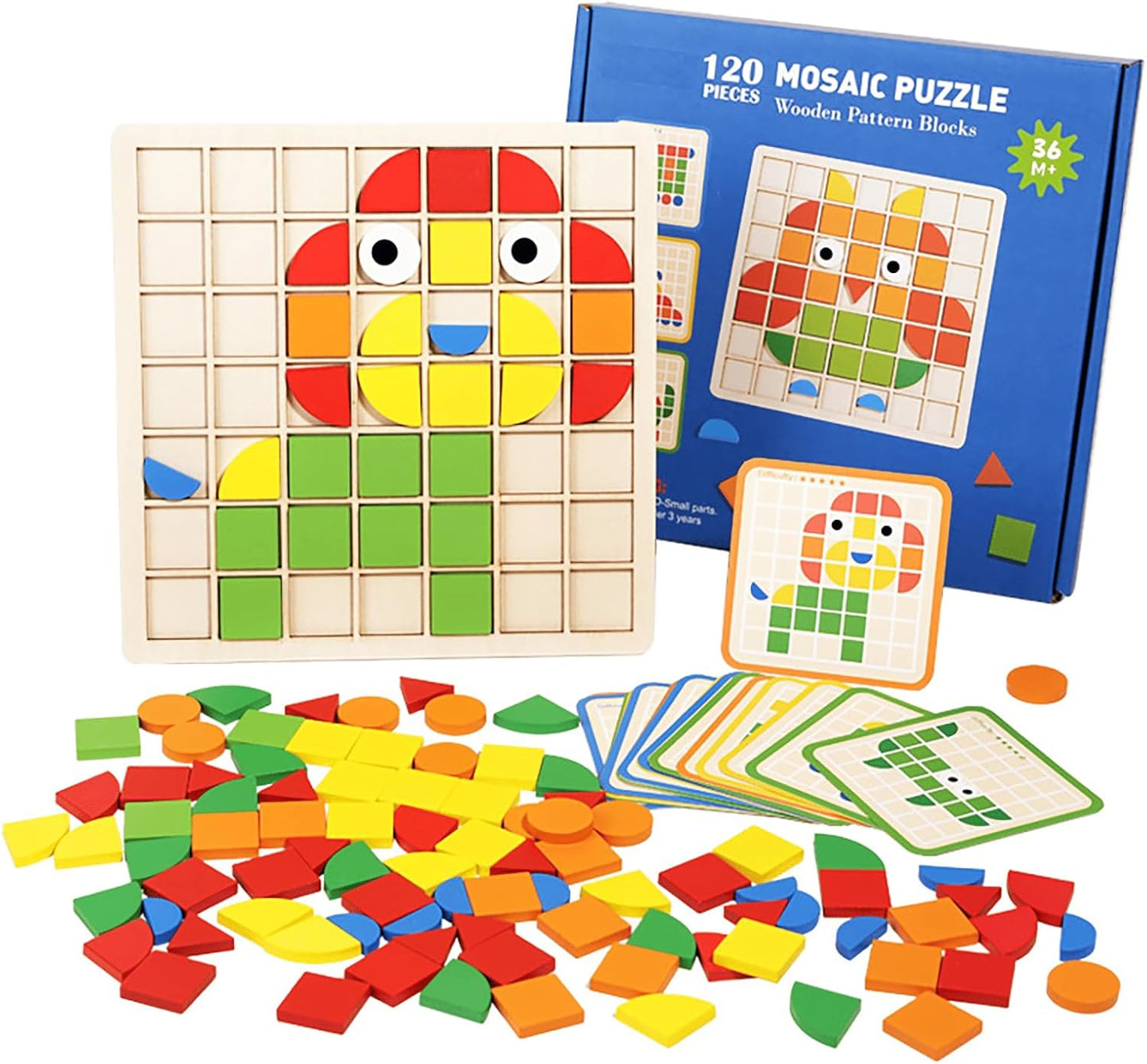 Wooden Pattern Blocks Set 120 Pcs Geometric Shapes Puzzle Classic Montessori Educational Tangram Toys with 24 Design Cards for 4-8 Year Old Kids