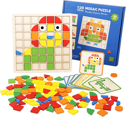 Wooden Pattern Blocks Set 120 Pcs Geometric Shapes Puzzle Classic Montessori Educational Tangram Toys with 24 Design Cards for 4-8 Year Old Kids