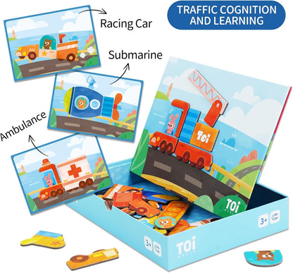Toi Kids Magnet Toys Magnetic Jigsaw Puzzle Boxes with Game Board for Kids Ages 3-8, Portable Travel Game, Transport