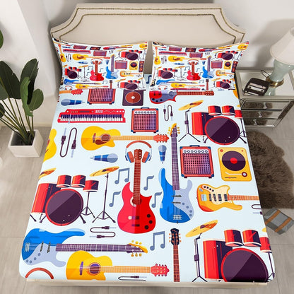 Manfei Musical Kids Fitted Sheet Full Size, MusicalGuitar Radio Drum Kit Headset Print Bedding Set 3pcs for Boys Girls, Rock Music Bed Cover with 2 Pillowcases, Soft Polyester Bedding, No Top Sheet