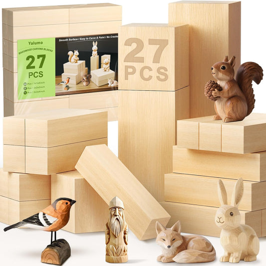 27 Pcs Basswood Carving Blocks, Whittling Wood Carving Kit with 3 Different Sizes and Pattern Sticker, Soft Unfinished Wooden Blocks for Crafts Beginners Adults
