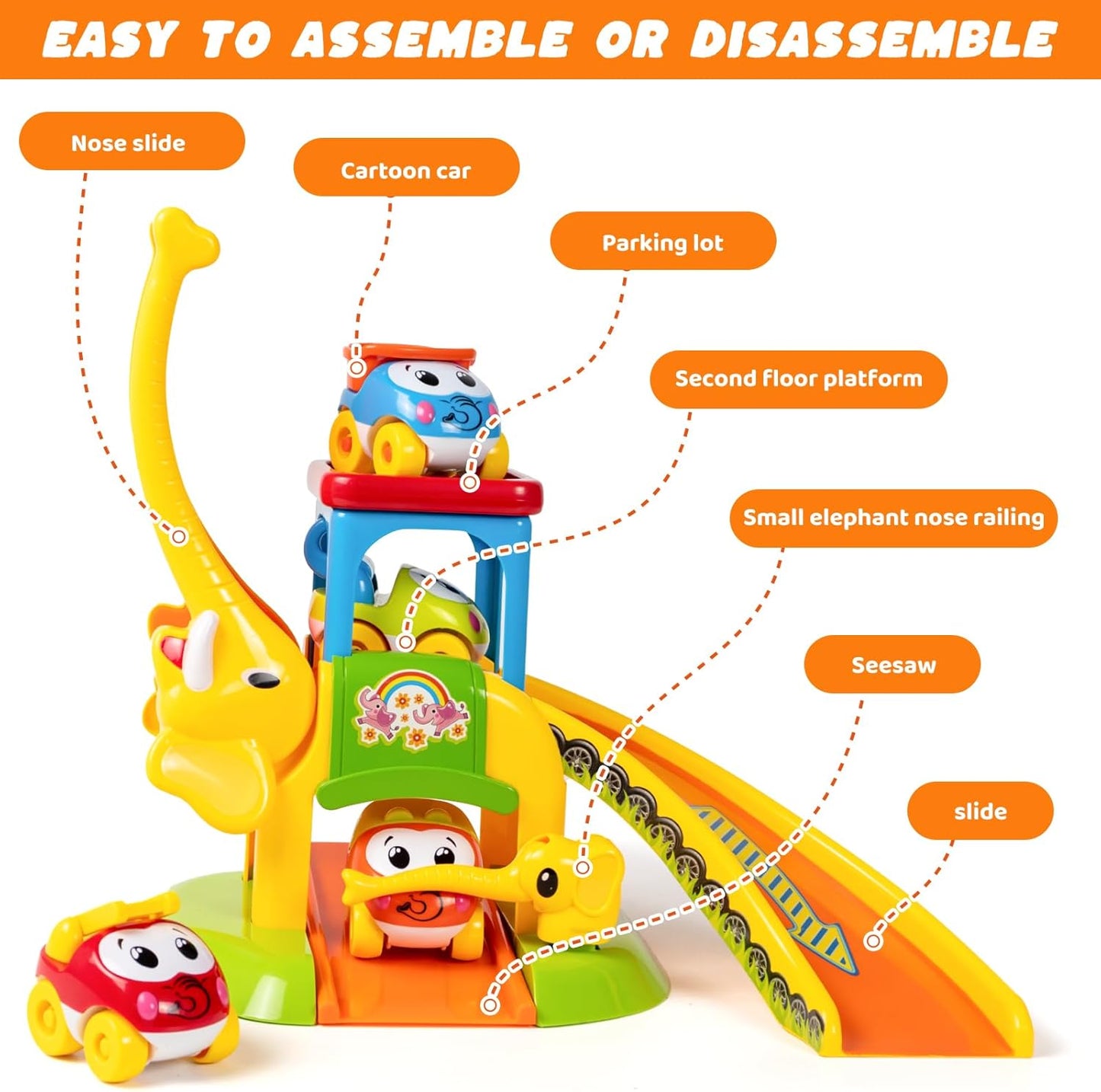 Marstone Toddler Toys for 1 2 Year Old Boys and Girls Gifts: Educational Elephant Slide with 4 Animal Car Toys for Baby 12-18 Months, First Birthday Gifts for Kids, Learning Push Truck Tracks Age 1-2