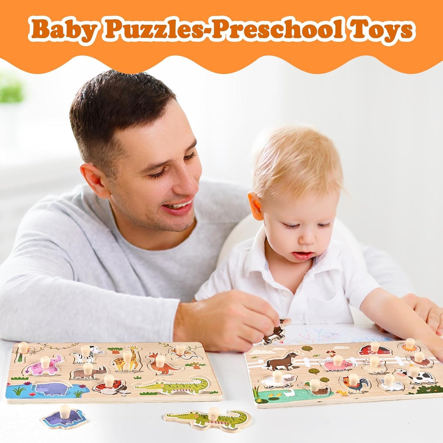 Wooden Peg Puzzles for Toddlers 1-3, 2 Pcs Montessori Puzzles, Animal & Sea Themes Puzzles, Great Preschool Educational Learning Gifts for Girls and Boys