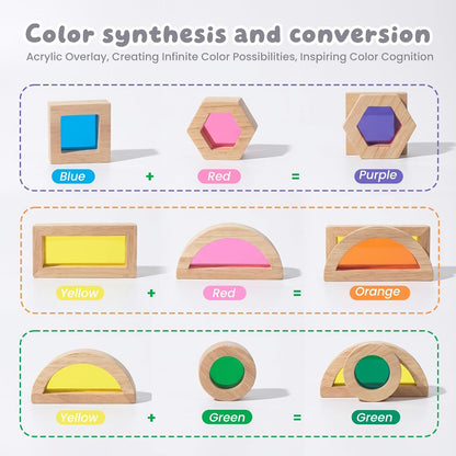WOODENFUN Wood Building Blocks Set for Kids, 32 Pcs Rainbow Stacker Stacking Game Construction Toys Set Preschool Colorful Learning Educational Toys, Geometry Wooden Blocks for Boys Girls