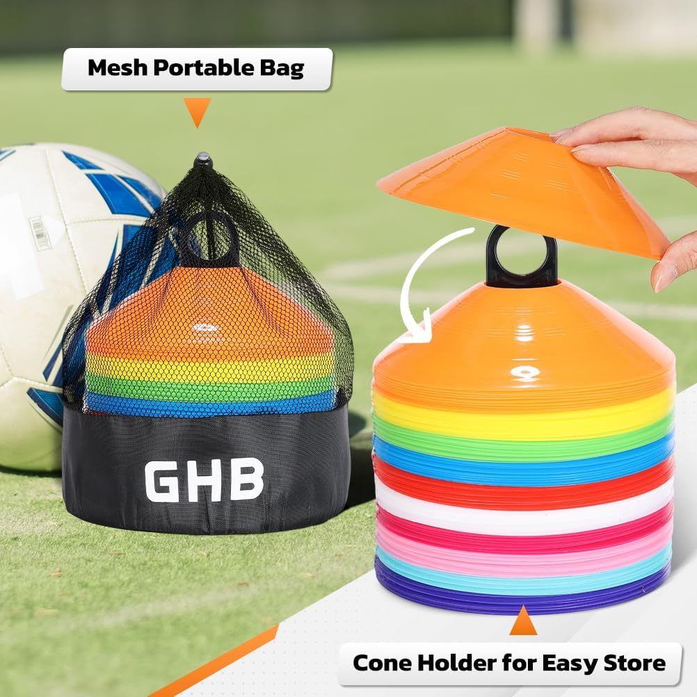 GHB Soccer Cones 25/50/100 Pack Disc Soccer Sport Cones Training Field Marker Agility Cones for Traffic, Basketball, Coaching, Practice Equipment Includes Cone Drills Guide