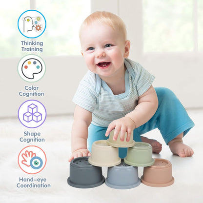 SKYWHALE Stacking Cups Baby Toy 6-12 Months, Toddler Nesting Playset for Boys and Girls, 8PCS Stackable Bath Tool, Montessori Educational Gift for 1 2 3 Years Old Kids