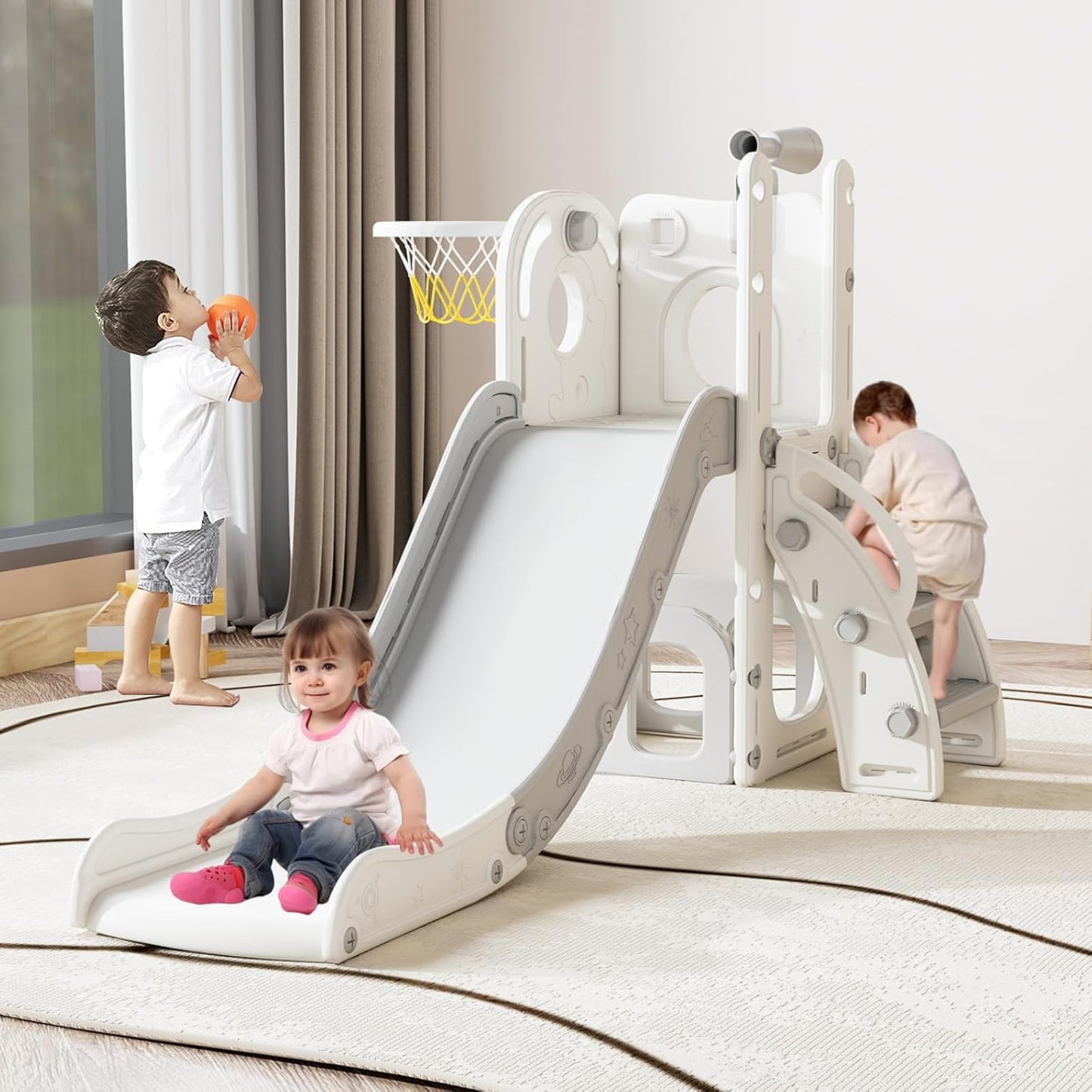 kinbor 6 in 1 Toddler Slide PlaySet - Indoor Outdoor Fun for Kids Ages 1-3, Includes Basketball Hoop, Telescope, Storage & Climber, Safe, Sturdy Baby Slide for Backyard Playground, Blue