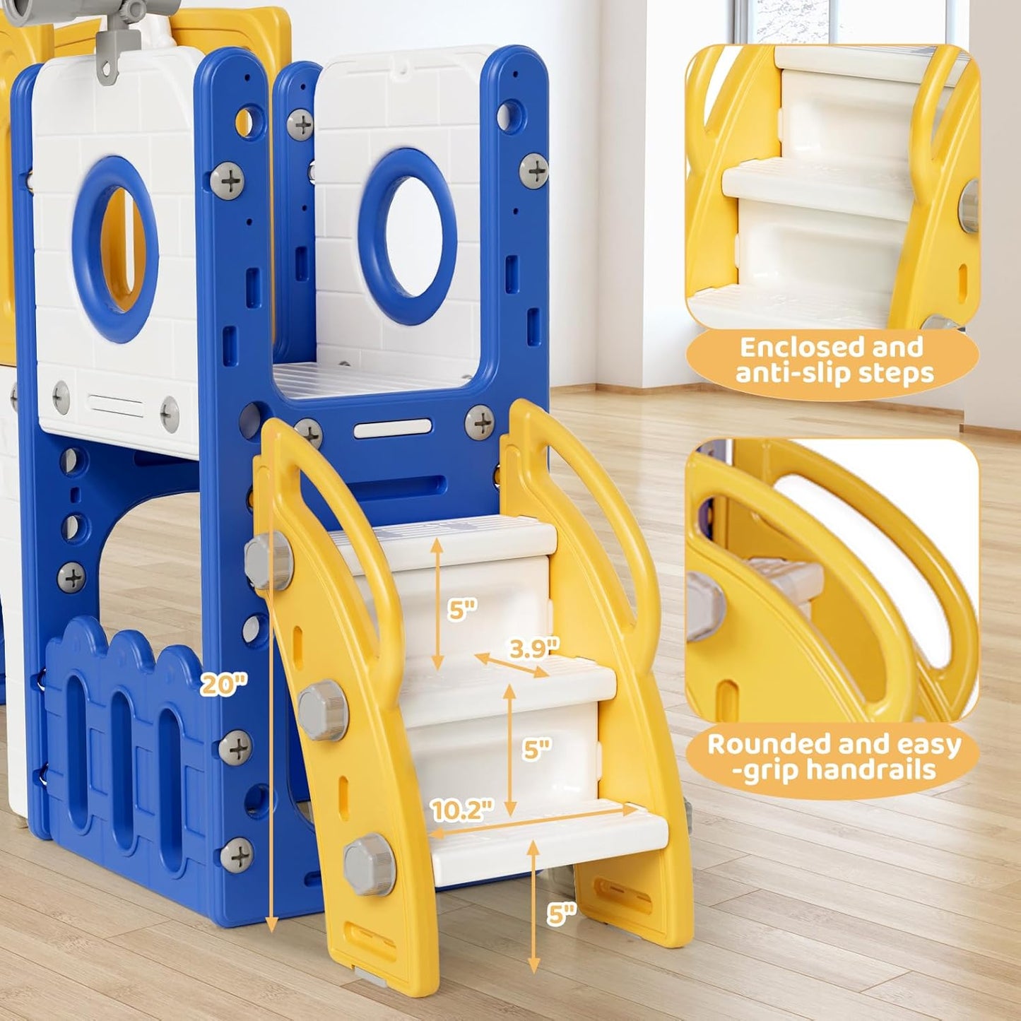 Arlopu 9 in 1 Toddler Slide Set, Kids Large Climber Slide Playset w/Long Slope, Telescope, Storage Space, Enclosed Steps, Indoor Outdoor Playground (White & Gray)