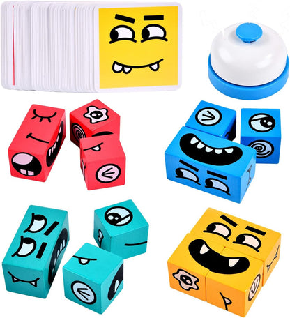 Wooden Face Changing Magic Cube Game, Expression Puzzle Building Blocks Pattern Matching Game, Educational Puzzles Toy Board Games for Kids and Adults with Bell