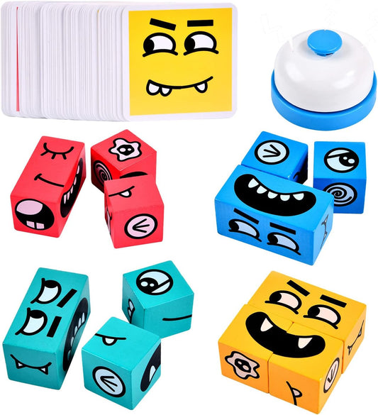 Wooden Face Changing Magic Cube Game, Expression Puzzle Building Blocks Pattern Matching Game, Educational Puzzles Toy Board Games for Kids and Adults with Bell