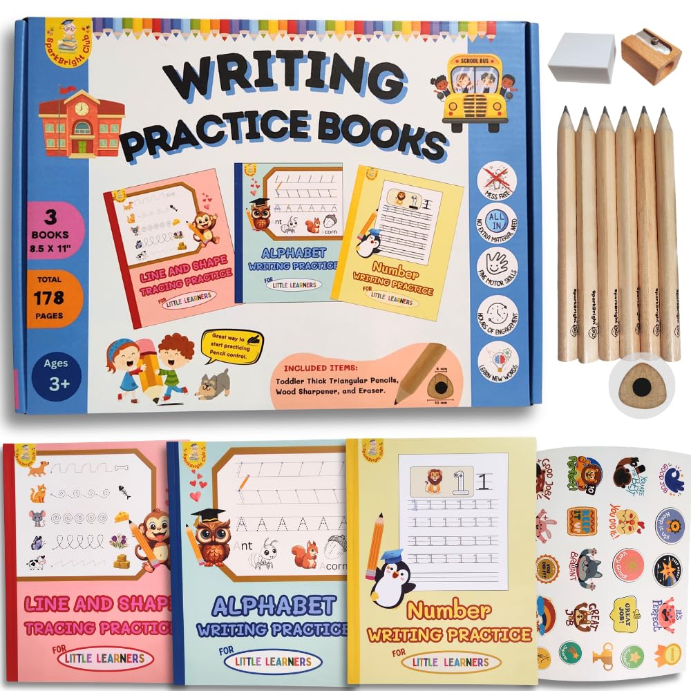 Writing Practice Workbook Set for Kids Ages 3-5 - Tracing Books with Thick Triangular Pencils, Sharpener, Eraser | Learn to Write Letters, Numbers, Lines | Preschool & Kindergarten Homeschool Supplies