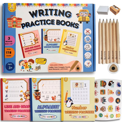 Writing Practice Workbook Set for Kids Ages 3-5 - Tracing Books with Thick Triangular Pencils, Sharpener, Eraser | Learn to Write Letters, Numbers, Lines | Preschool & Kindergarten Homeschool Supplies