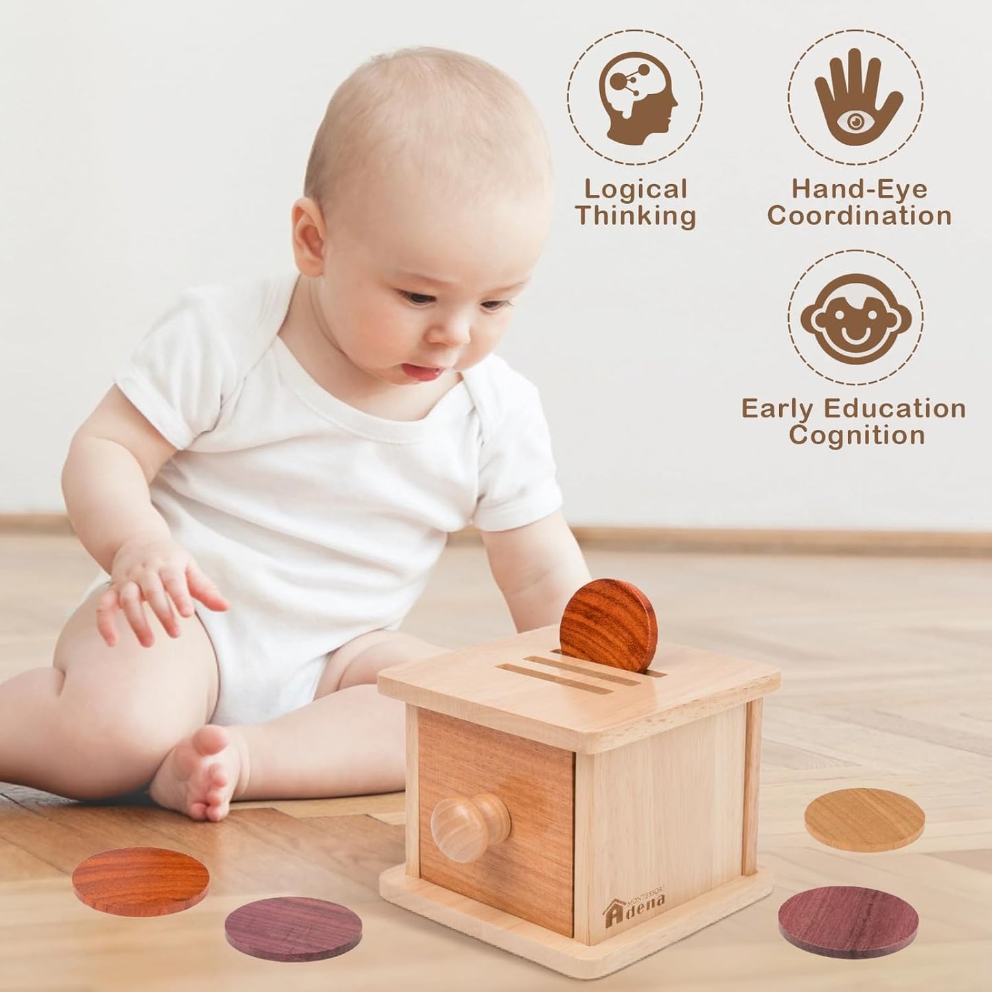 Adena Montessori Coin Box -Natural Wood Double-Sided Object Permanence Box Toy for 1-Year-Old Babies, Wooden Montessori Developmental Toy for 6-12 Month, Early Learning Gift