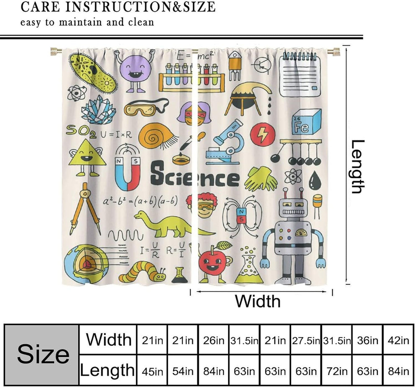 Science Physics Window Curtains, Abstract Math Chemistry Curtain Scientist Graffiti Print Window Treatments for Kids Teens Bedroom Living Room Kitchen Set 2 Panels,42x63 Inches