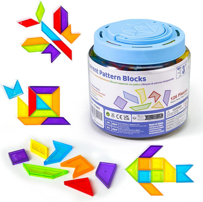 Pairez Toys Transparent Pattern Blocks, 126 Pcs Geometric Shapes Blocks, Tangram Puzzles, Practice Sorting Counting Patterning, Math Manipulatives for Kids, Back to School Supplies, Teacher Supplies