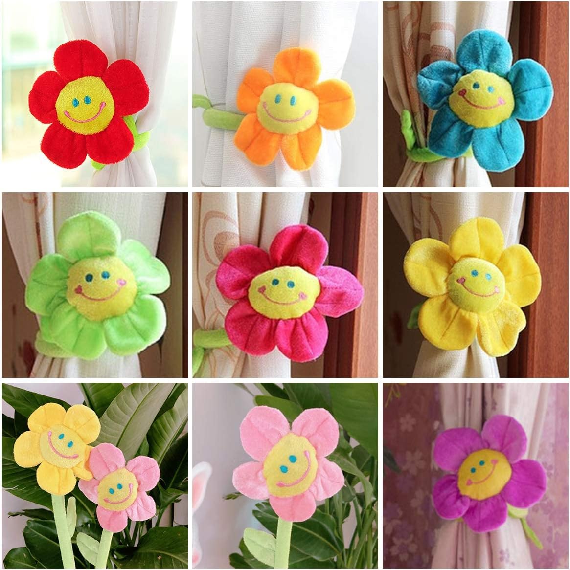 8PCS Artificial Plush Flower Bendable Curtain Buckle Tiebacks Birthday Wedding Party Durable Plush Daisy Flower Bouquet with Happy Smiley Face Gift for Kids Baby Girl Toddlers