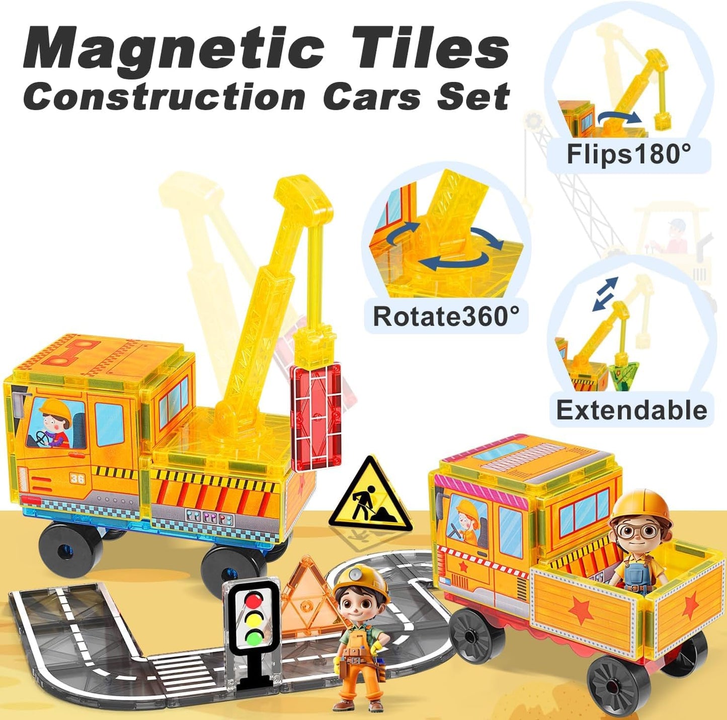 Magnetic Tiles Cars Construction Set - 19 PCS Magnetic Tiles Magnet Bricks Truck Sensory Toys, Educational Magnet Cars Set Building Blocks for 3 4 5 6 7 8+ Year Old Girls Boys Toddler Expansion Set