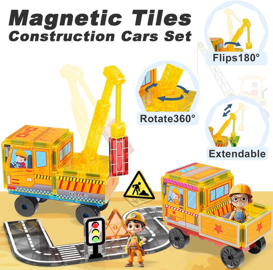 Magnetic Tiles Cars Construction Set - 19 PCS Magnetic Tiles Magnet Bricks Truck Sensory Toys, Educational Magnet Cars Set Building Blocks for 3 4 5 6 7 8+ Year Old Girls Boys Toddler Expansion Set