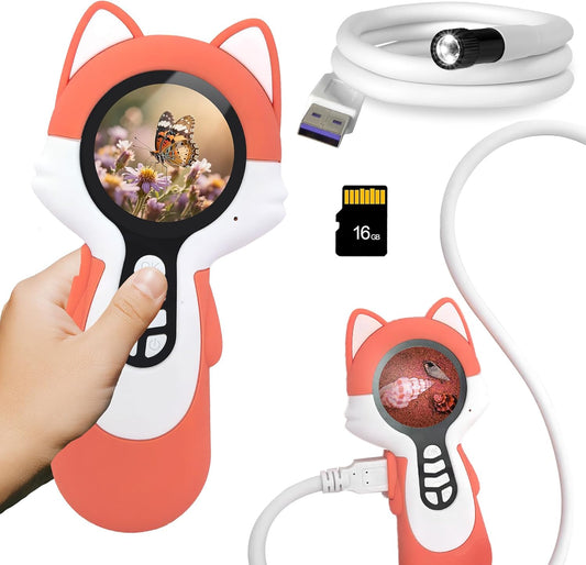 Microscope Camera for Kids Gifts Toys- Handheld Pocket Microscopes with Endoscope and Autofocus Mini Digital Educational Science Kit for Christmas Birthday for Age 3-5 5-7 8-12 Girls Boys, Fox