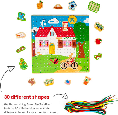 Bigjigs Toys House Lace-a-Shape Game - 30 Geometric Shape Lacing Cards & 6 Laces, Fine Motor Skills Toys, Threading Toys for 2+ Year Olds, Ideal Early Learning & Threading Toddler Toy