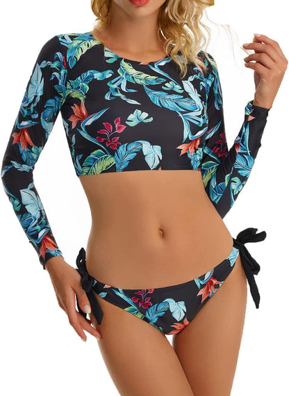 JadeRich Women's Fashion Pattern Long Sleeve Tankini Sets UPF 50+ Rash Guard Swimsuit Sun Block Swimwear