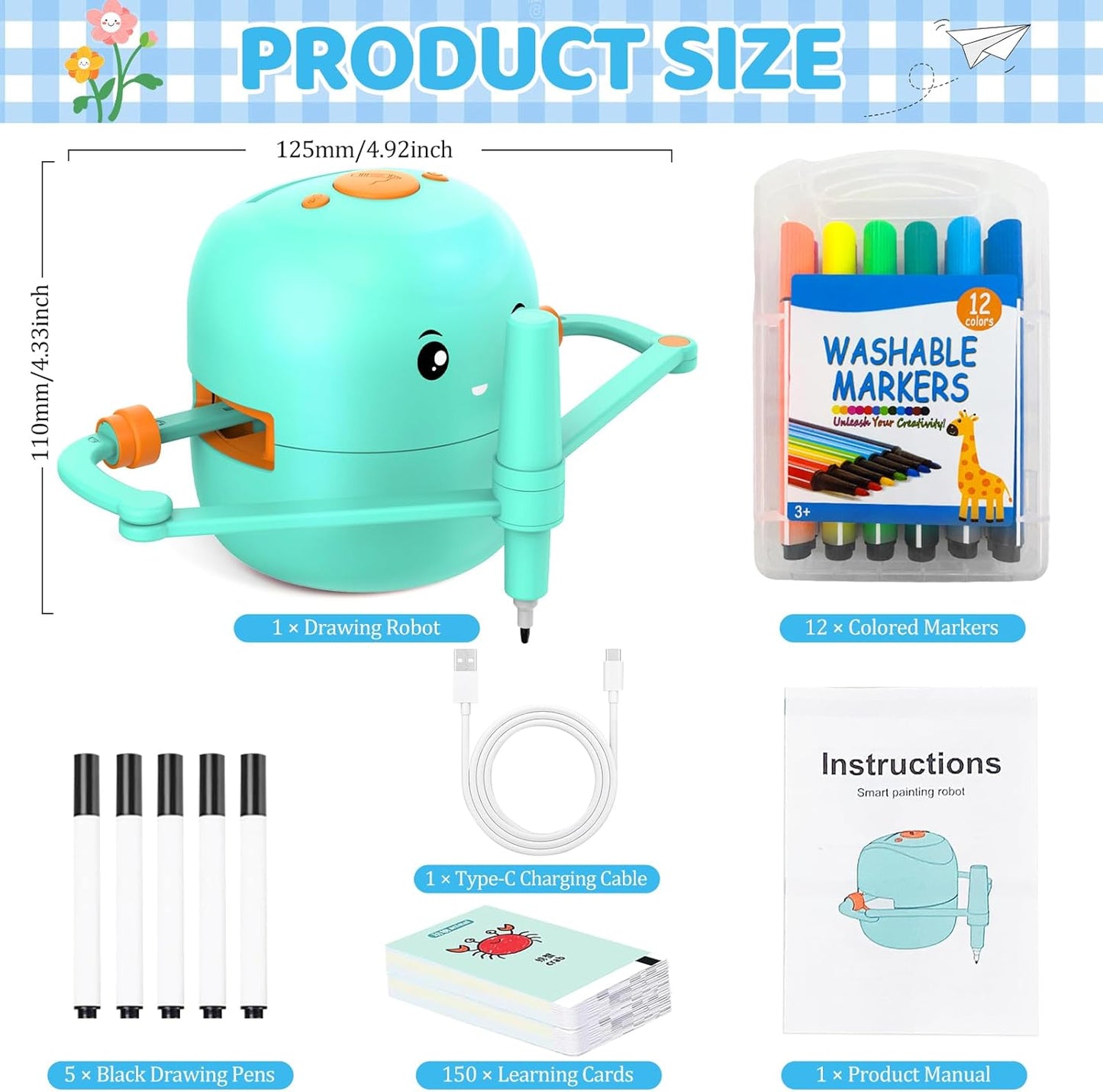 Drawing Robot for Kids with 150 Learning Cards and 17 Colorful Pens, Voice Interactive Educational Smart Art Painting Machine, Step-by-Step Drawing Guidance for Boys Girls Early Learning & STEM Toys