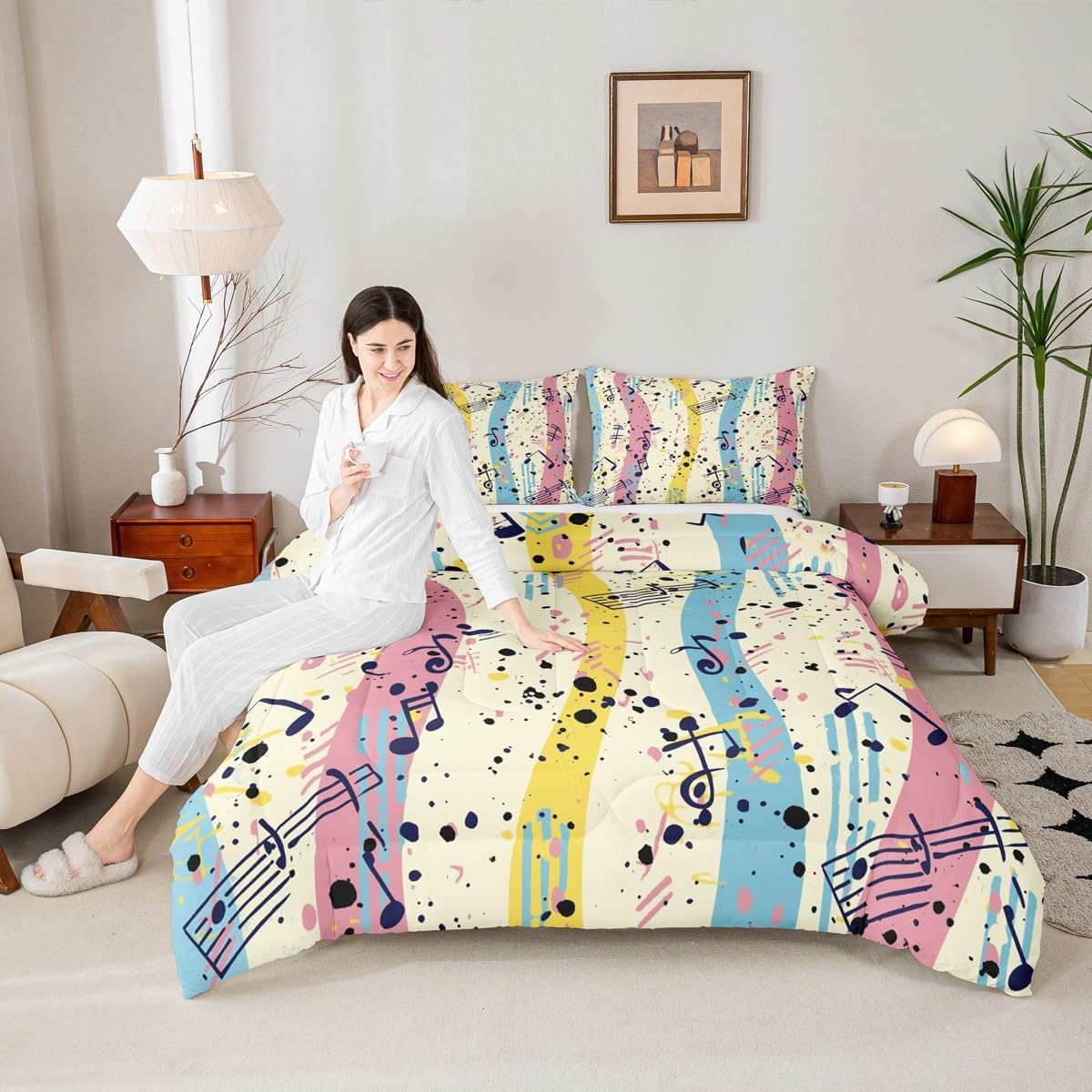 Erosebridal Drum Kit 3D Print Kids Comforter Sets Rock Music Themed Full Bedding Set for Boys Girls Musical Pattern Comforter Set,Colorful Retro Style Quilt Duvet 3 Pcs