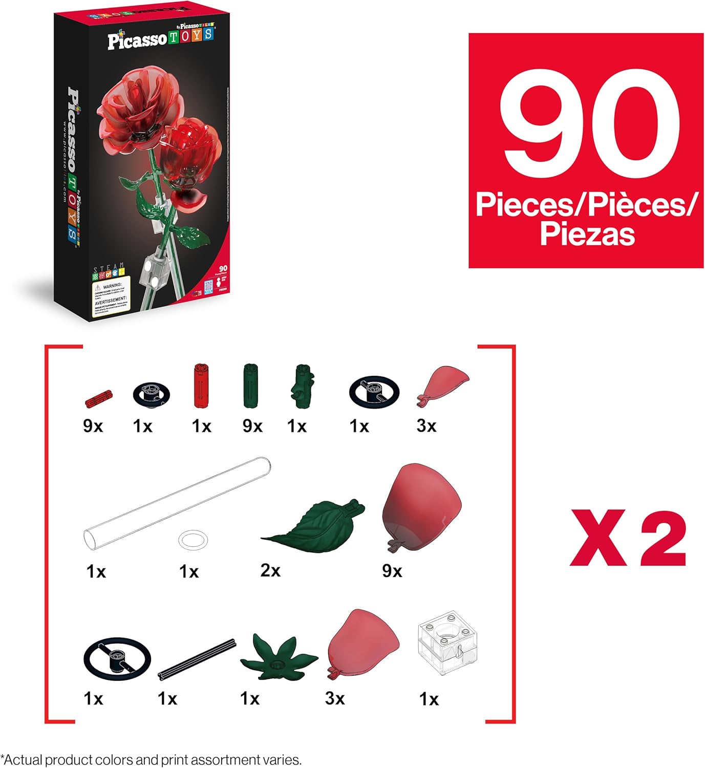 PicassoTiles Red Stem Rose Building 45pc Set With Magnetic Hold Piece Creative Hands-On Play Discovery Activity Kit Room Decor Gifts For Mother’s Day Present Display Flower Boys Girls Kid Age 3+ PBS20