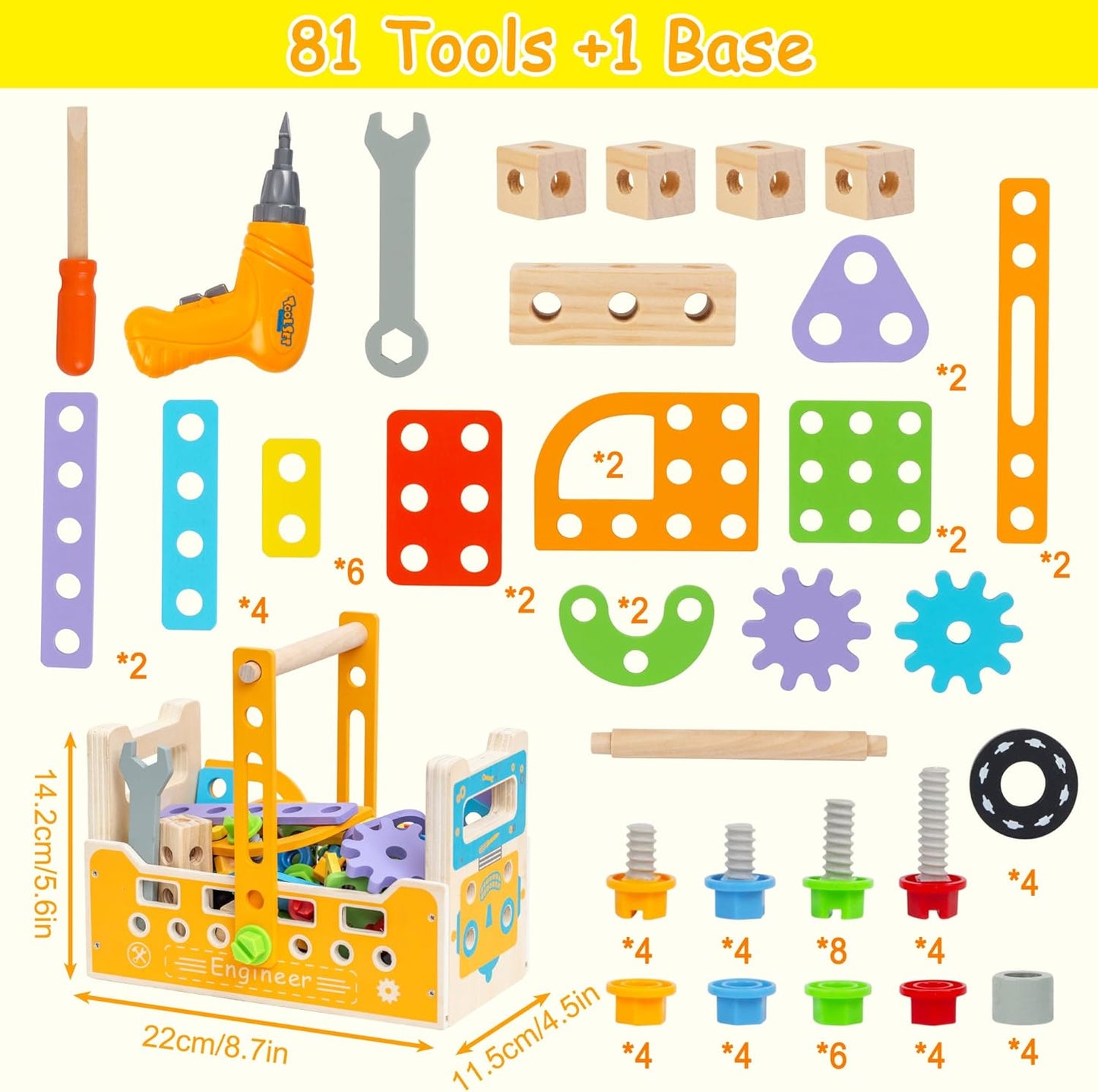 Wooden Kids Tool Set with Electric Screwdrivers, 91PCS Educational STEM Construction Toys, Wooden Tool Bench Montessori Toy Tool Box for 3 4 5 YO Boys & Girls Birthday Gift (91Pcs)