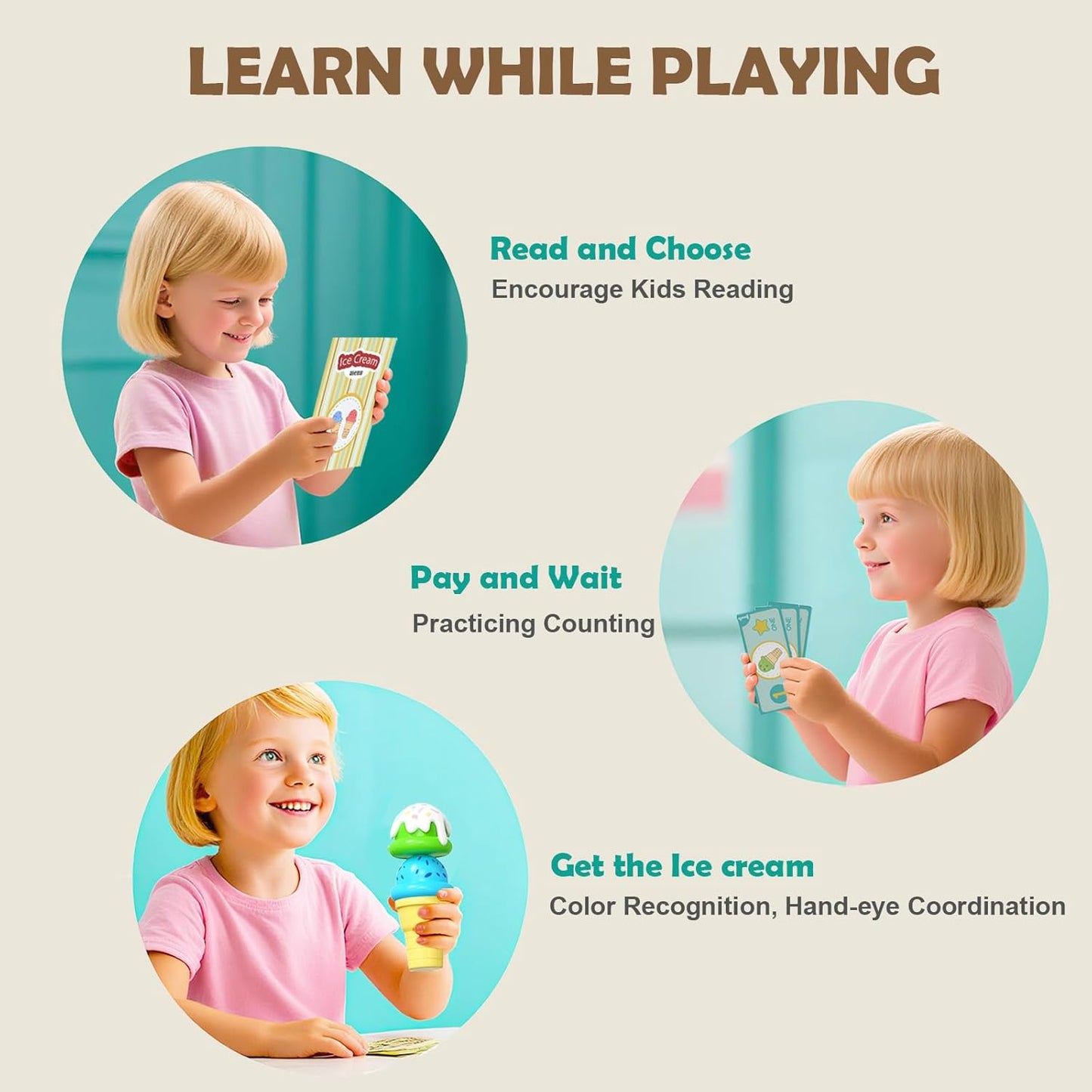 Ice Cream Play Set for Kids - Gifts for 2 3 4 Year Old Girls, Ice Cream Toy Counter Shop Pretend Play Food with Apron, Scoop, Menu, Fake Money, Toys Gifts for Boys Toddlers Ages 2-4 3-5