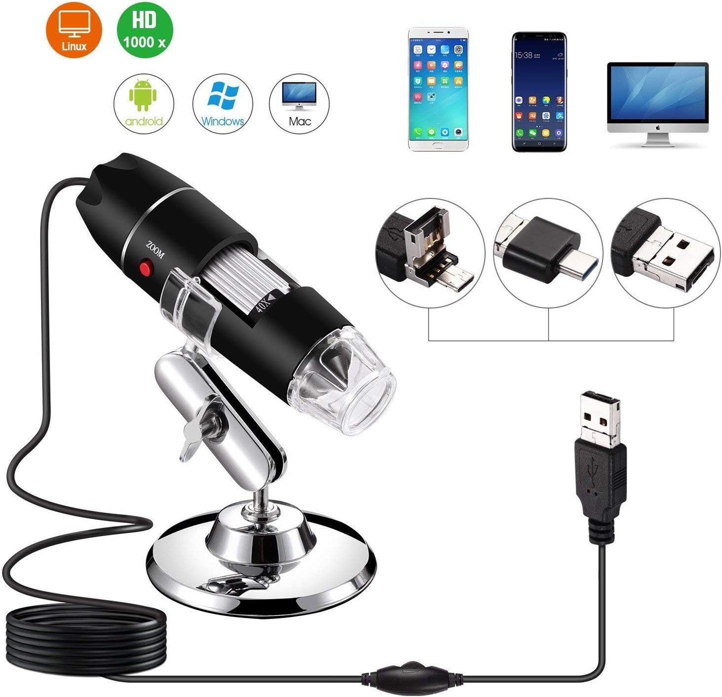Jiusion 40 to 1000x Magnification Endoscope, 8 LED USB 2.0 Digital Microscope, Mini Camera with OTG Adapter Metal Stand, Compatible with Mac Windows 7 8 10 11 Android Linux Chrome Not for iPhone/iPad