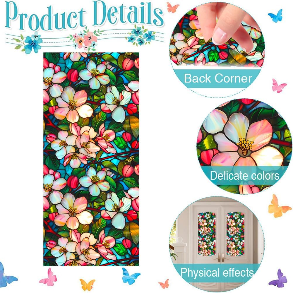 JOONOR Privacy Window Film Stained Glass Window Sticker Non-Adhesive Frosted Glass Film Decorative Magnolia Flower Pattern Static Cling Decals for Home UV Blocking/Heat Insulation 17.7 x 39.4 Inch