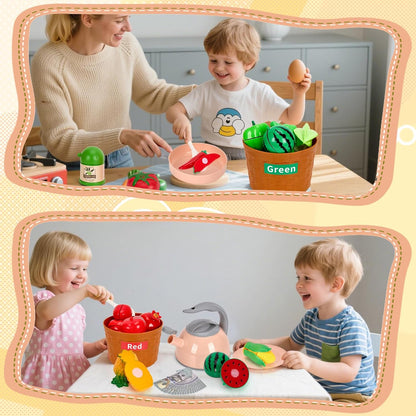 150Pcs Kitchen Playset, Toddlers Pretend Cooking Cookware Accessories, Food, Picnic Blanket, Fruits, Veges, 2Pack Shopping Storage Basket, Dessert and Prop Money, Gift for Kids (Pink)