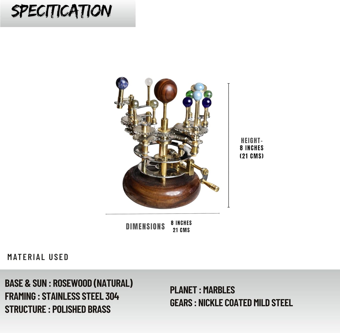 Luxury Vintage Brass Orrery – Exquisite Brass Planetary Gear Mechanism | Astronomical Desk Ornament | Solar System Model (8" Mercury, Venus, Earth, Mars, Uranus & Moons)