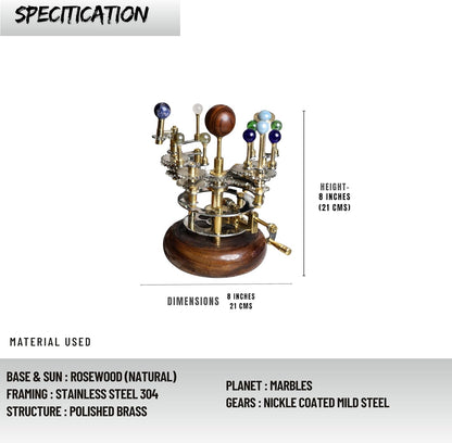Luxury Vintage Brass Orrery – Exquisite Brass Planetary Gear Mechanism | Astronomical Desk Ornament | Solar System Model (8" Mercury, Venus, Earth, Mars, Uranus & Moons)
