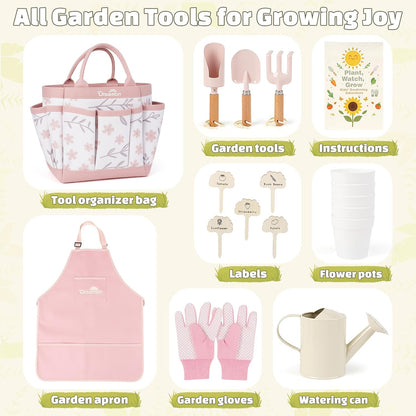 Kids Gardening Set, Gardening Tools Kit for Kids Toddler, Includes Tote Bag, Apron, Gloves, Watering Can, Shovel, Rake, Cultivator, Garden Tool Set Outdoor Toys Gifts for Boys Girls