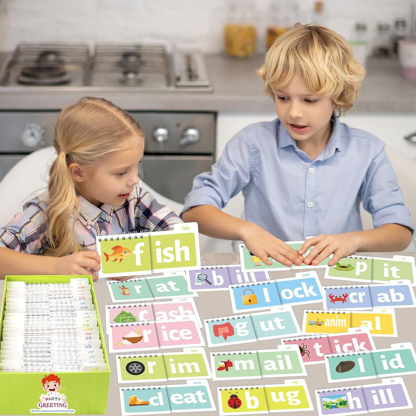 party greeting 48 Word Family Build Book Read and Rhyme Flip Activity Book ABC Vocabulary Flash Cards Kindergarten Sight Word Learning Activities Learn to Read Games for Kids Homeschool Supplies