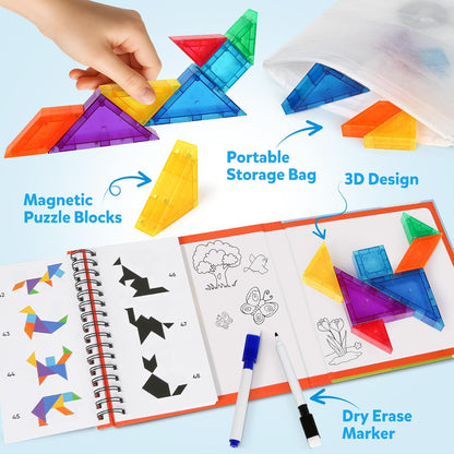 USATDD Travel Tangram Puzzle with 2 Set, Magnetic Pattern Blocks Road Trip Travel Games Jigsaw Montessori Brain Blocks IQ Book with 368 Solution Brain Teasers for Kids Adults Challenge