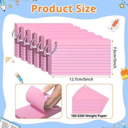 Index Cards 3x5 Inches, 300 PCS, Colored Flash Cards With Ring, Punched Lined Study Card Ruled Flashcards Notecards, Ruled Front And Blank Back, Note Card for School, College And Home