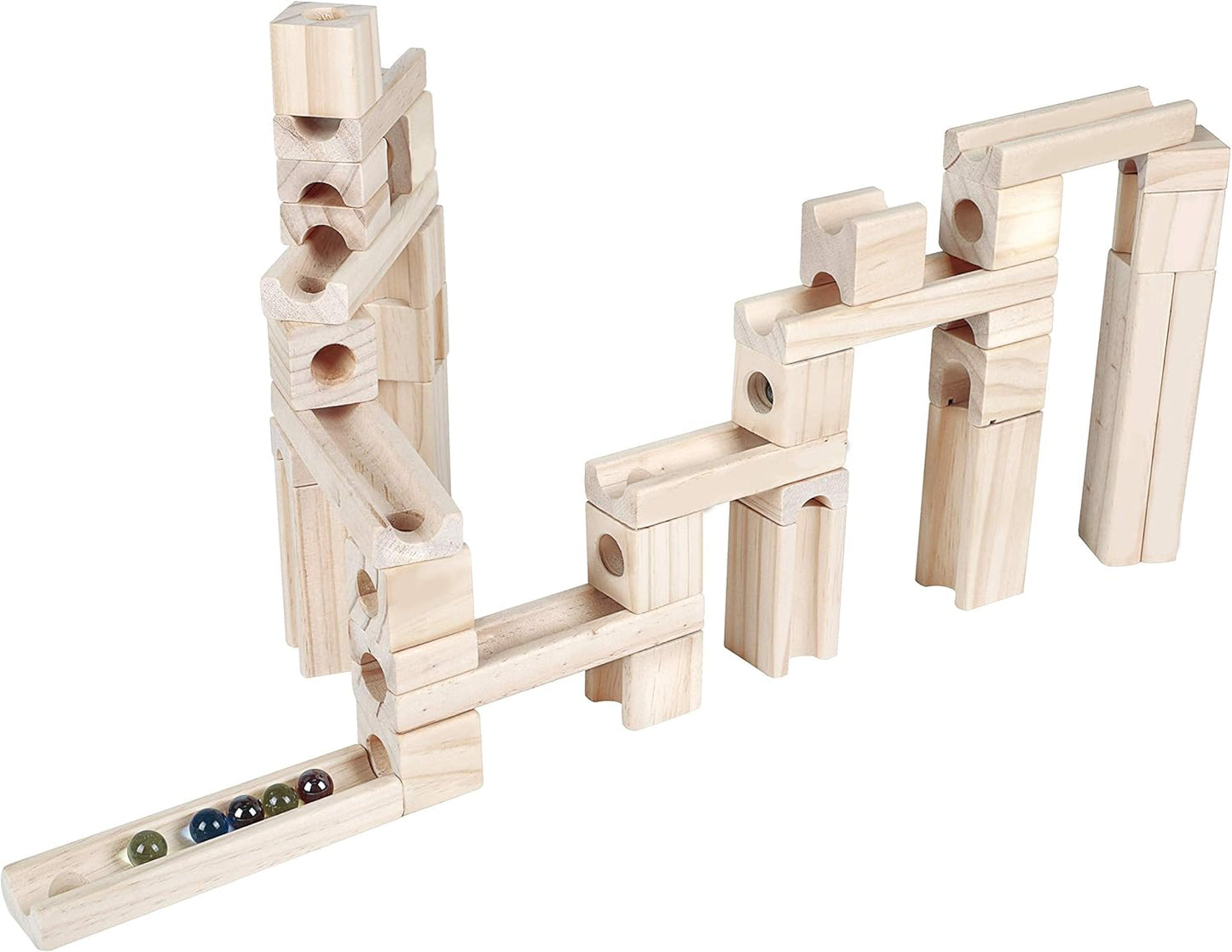 Golden Age Marble Run Toys, 60 Pieces Wooden Classic Ramps Track Building Construction Set for Children Toddler